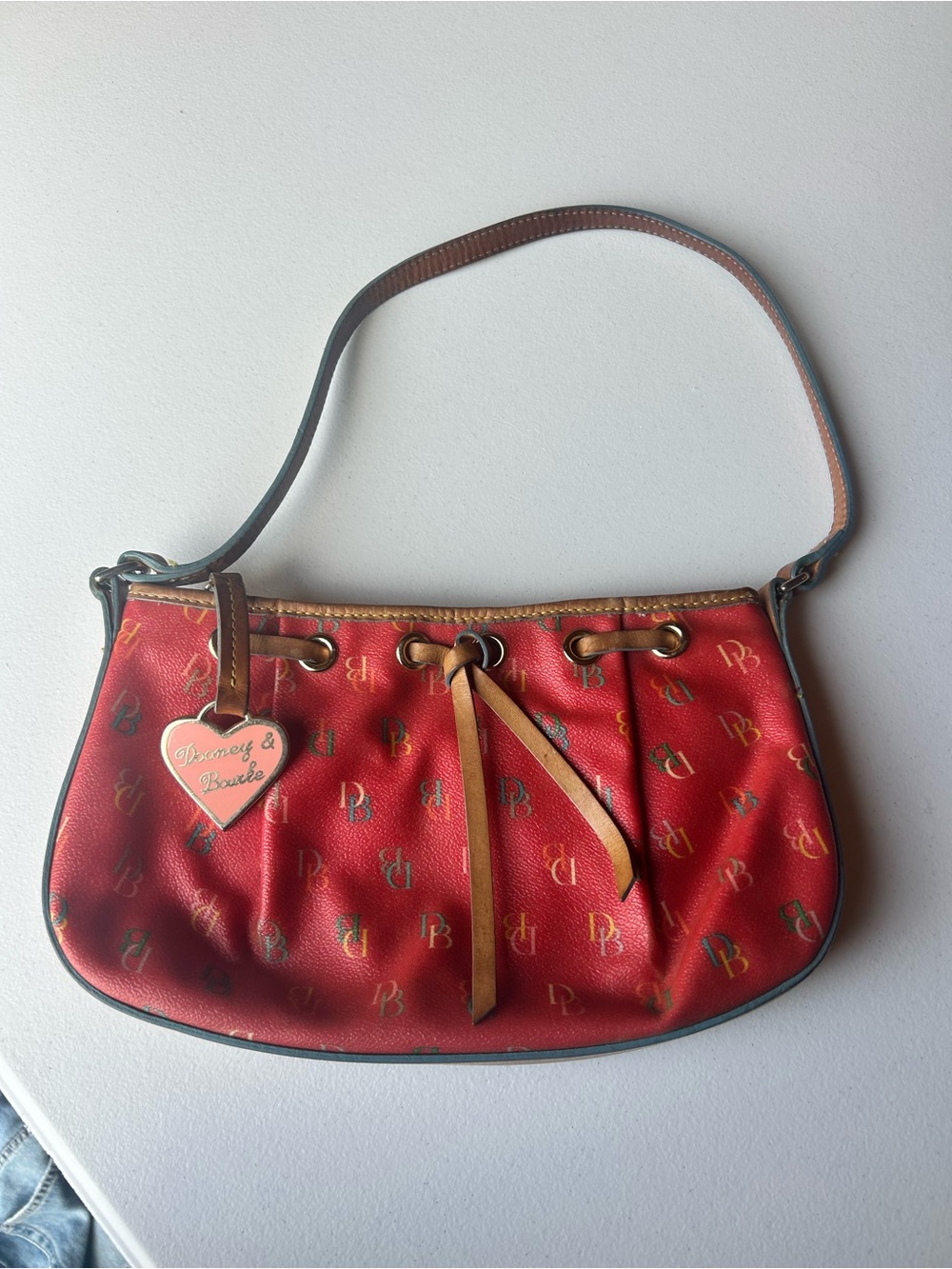Y2K Dooney & Bourke Red Logo Monogram Shoulder Bag with Tan Trim